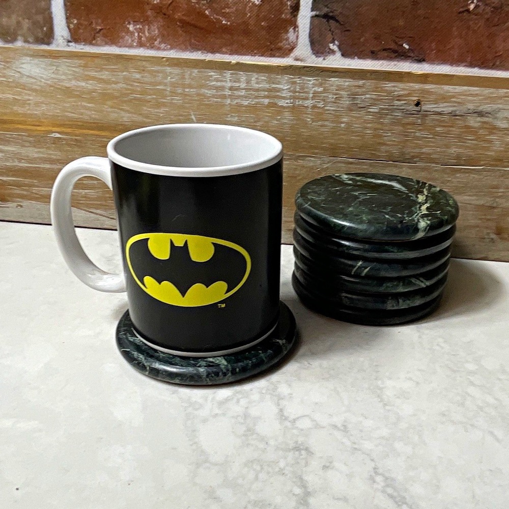 7pc Round Green/Black Marble Stone Coaster Set, Cork Backed 4